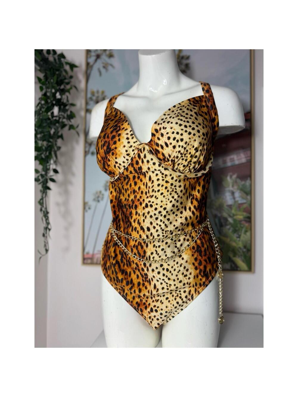 River Island Plus Leopard Print One Piece Swimsuit Gold Chain Belt XXL 18 UK 22